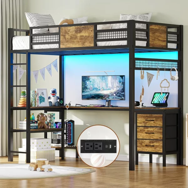 Twin Loft Bed with L-Shaped Desk,  LED Lights & Charging Sation, 3 Fabric Drawers, 2-Tier Storage Shelves, Metal Twin Size Bed - Image 7