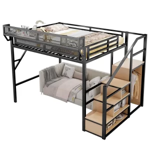 Loft Bed with Stairs, Metal Loft Bed Queen Size with Storage Shelves, Adults Loft Bed with Wardrobe, Heavy Duty High Loft Bed