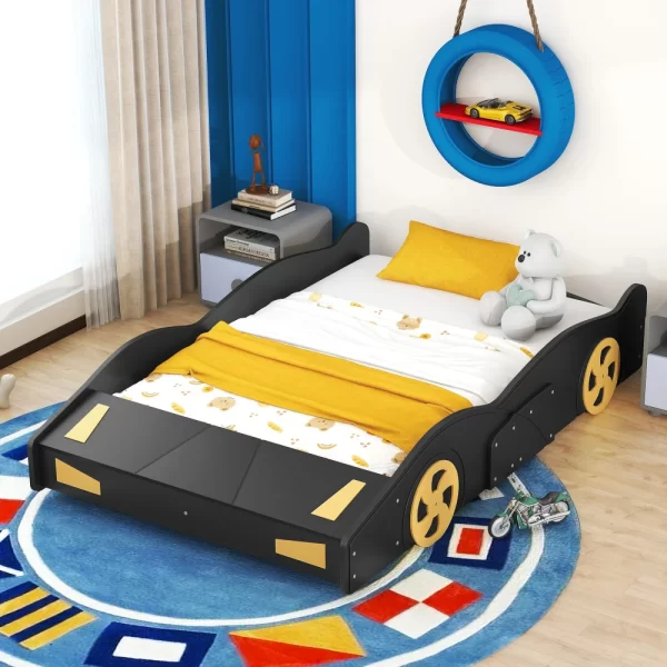 Full Size Race Car-Shaped Platform Bed with Wheels and Storage, Black+Yellow - Image 2
