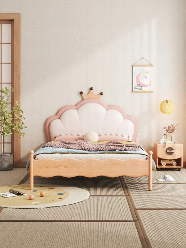 Solid Wood Children's Bed Pink Girl's Princess Crown Pull-out - Image 2