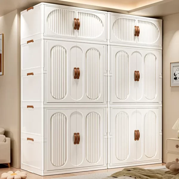 Folding Storage Cabinet With Wheels Double Door Baby Wardrobe Closet Transparent Locker Large Capacity Organizer Bins Shelf - Image 2