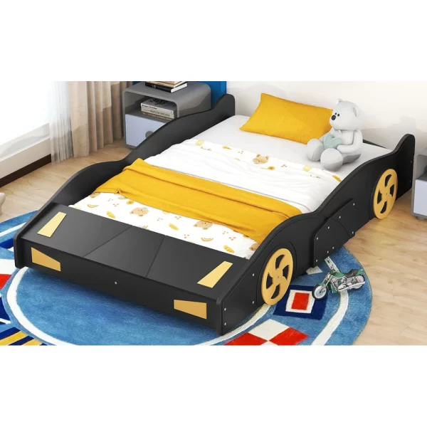Full Size Race Car-Shaped Platform Bed with Wheels and Storage, Black+Yellow - Image 6