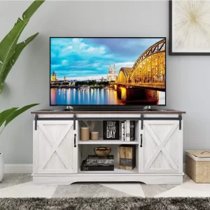 TV Stand, Storage Cabinet with Sliding Barn Doors and Adjustable Shelves, Modern 28”H