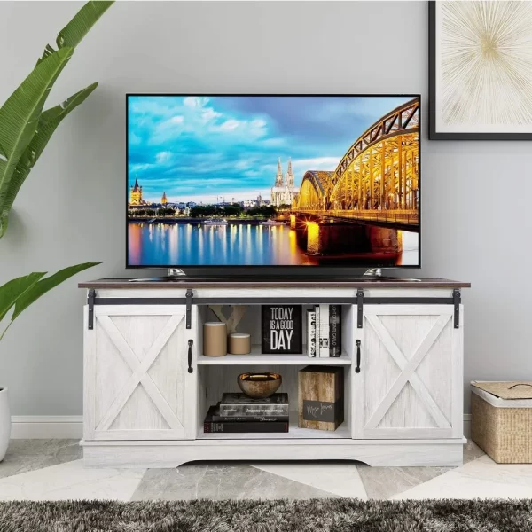 TV Stand, Storage Cabinet with Sliding Barn Doors and Adjustable Shelves, Modern 28”H