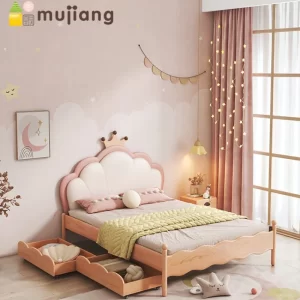 Solid Wood Children's Bed Pink Girl's Princess Crown Pull-out