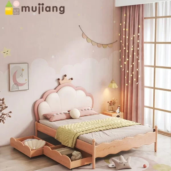 Solid Wood Children's Bed Pink Girl's Princess Crown Pull-out