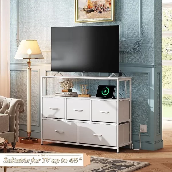 Dresser with Open Shelf and Power Outlet 5 Drawer Storage Unit Living Room Bedroom Entertainment Center Stylish Organizer - Image 3