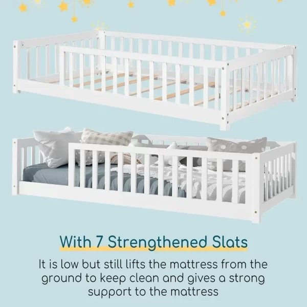 Twin Size Floor Bed for Kids with Safety Guardrails and Door and Slats, Montessori Bed Frame for Kids - Image 5
