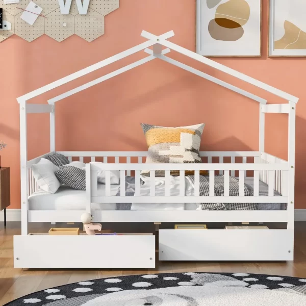 Full Size House Bed with Storage Drawers Playhouse Platform Bed Wooden House-shaped Beds Frame with Fence Guardrail and Roof - Image 2