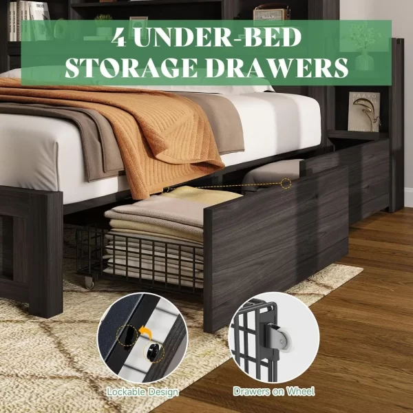King Size Bed Frame with 4 Storage Drawers,  with 49.6" Tall Bookcase Headboard, with Charging Station, LED Bed Frame - Image 6