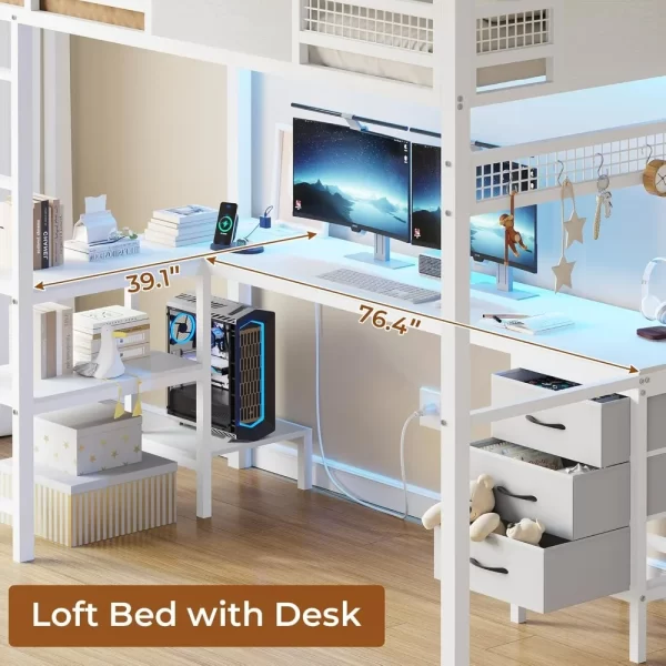 Twin Loft Bed with L-Shaped Desk,  LED Lights & Charging Sation, 3 Fabric Drawers, 2-Tier Storage Shelves, Metal Twin Size Bed - Image 2