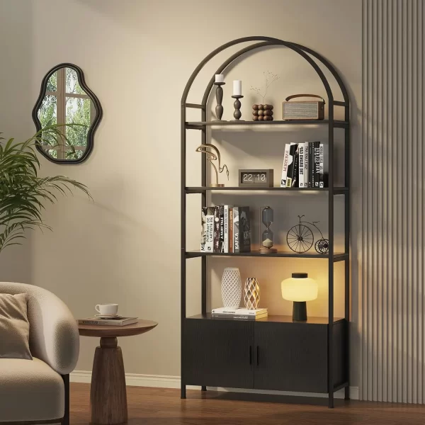 Arched Gold Bookshelf with Doors, 71" Tall Bookcase with Sturdy Metal Frame, Freestanding Display Shelving Unit - Image 11