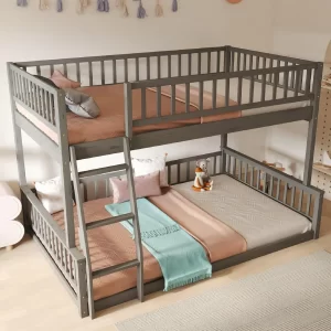 Full Xl Over Queen Floor Bunk Bed, Kids Bedroom Gray Wooden Bunk Bed Frame, Convertible To 2 Separated Beds With Trundle,