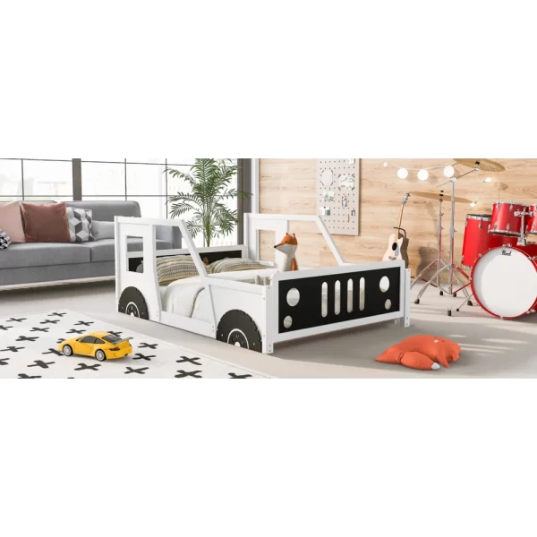 Full Size Classic Car-Shaped Platform Bed with Wheels,White - Image 5