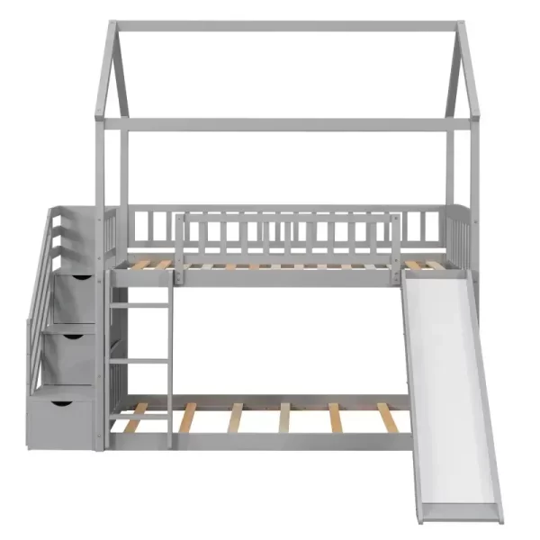 Solid wood children's double bunk bed with slide and stair, stairway with storage shelves, space-saving. - Image 4