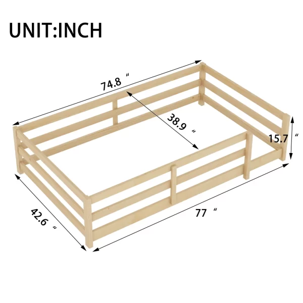Twin Size Floor Bed, Montessori Floor Bed with Fence, Kids Montessori Bed Twin Size, Wood Montessori Floor Bed for Kids - Image 4