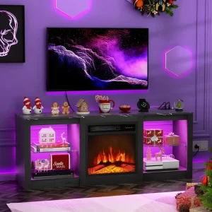 58" Fireplace TV Stand for 65" TV - Entertainment Center with LED Light and Glass Shelves