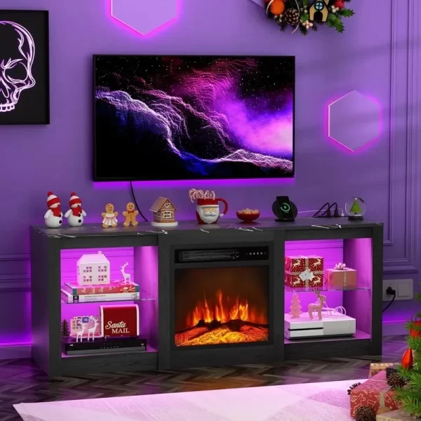 58" Fireplace TV Stand for 65" TV - Entertainment Center with LED Light and Glass Shelves