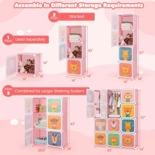 Kids Closet,Cartoon Modular Dresser Storage Organizer with 12 Cubes&2 Clothes Hanging Rack,Portable Armoire for Baby Toddlers - Image 2