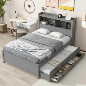 Gray Full Size Platform Bed with Trundle, Storage Drawers, and USB Charging Ports