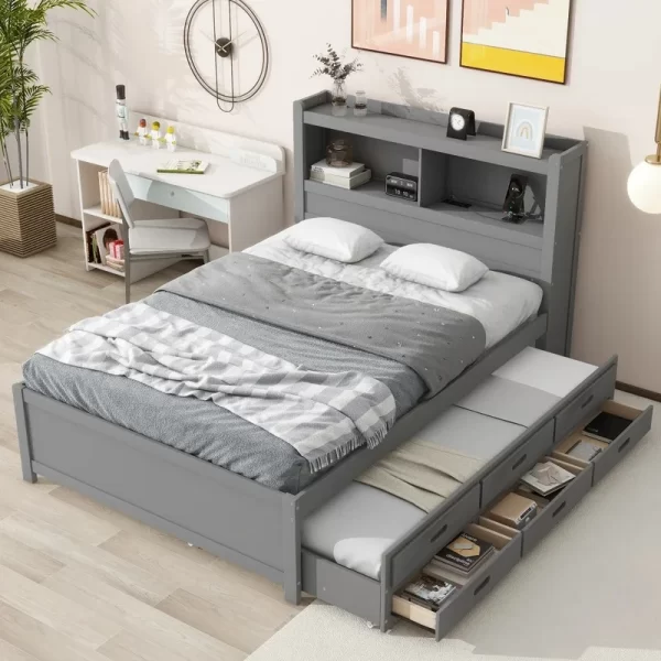 Gray Full Size Platform Bed with Trundle, Storage Drawers, and USB Charging Ports