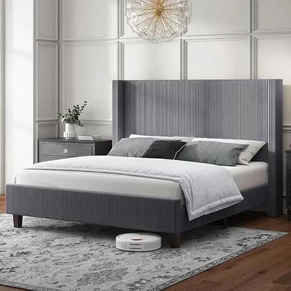 QWHOWE Queen Size Upholstered Platform Frame,Wingback Bed with 50.8" Headboard,Corduroy/Solid Wood Leg/No Box Spring Needed/No - Image 10