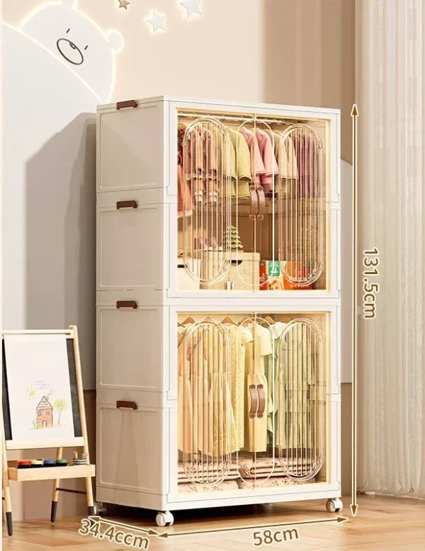 Folding Storage Cabinet With Wheels Double Door Baby Wardrobe Closet Transparent Locker Large Capacity Organizer Bins Shelf - Image 14