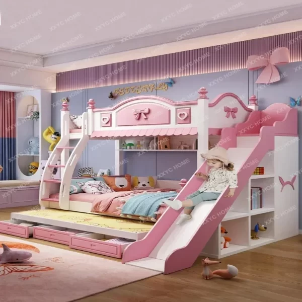 Girls Princess Double Bunk Bed - Two-Layer Slide Bunk Bed for Kids - Image 5