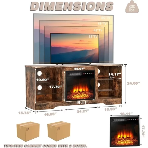 58 Inches Fireplace TV Stand for TVs up to 65 Inches Console with 18'' Electric Fireplace & Remote, Wooden Modern Entert - Image 2