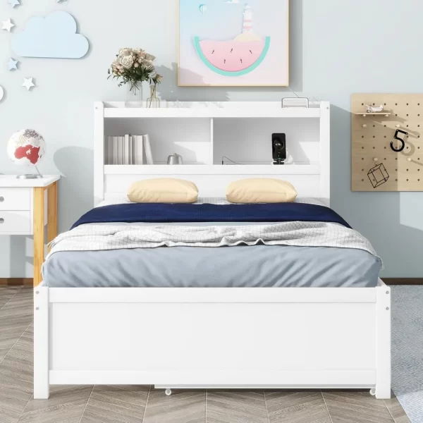 Harper & Bright Designs Full Size Platform Bed with Trundle, Drawers and Bookcase Headboard with USB Plugs, Hardwood Full Size B - Image 4