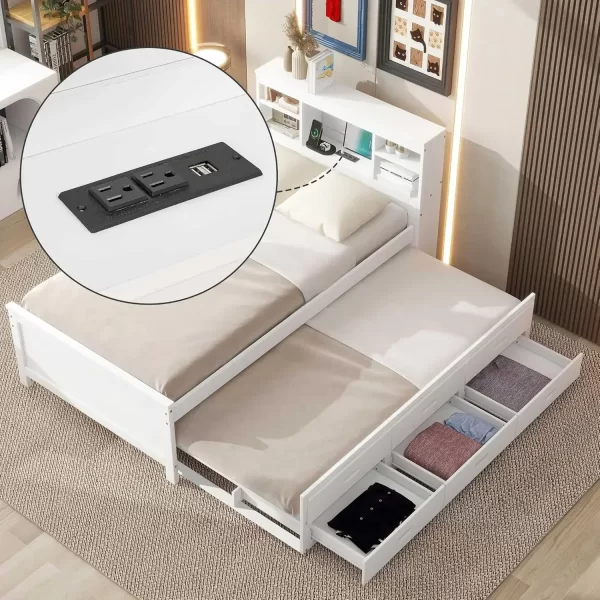 Full Platform Bed with Twin Size Trundle,Bookcase Headboard,Charging Station and 3 Drawers,Wood Full Storage Bed Frame for Kids - Image 9