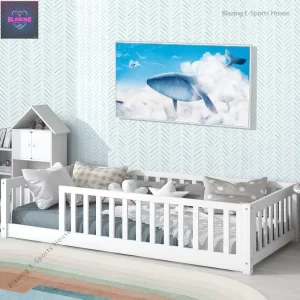 Twin Size Floor Bed for Kids with Safety Guardrails and Door and Slats, Montessori Bed Frame for Kids