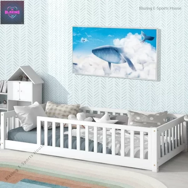 Twin Size Floor Bed for Kids with Safety Guardrails and Door and Slats, Montessori Bed Frame for Kids