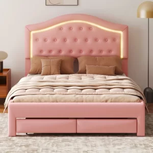 Queen Size Upholstered Platform Bed Frame with LED Lights, Modern Upholstered Princess Bed with Tufted Headboard and 2 Drawers