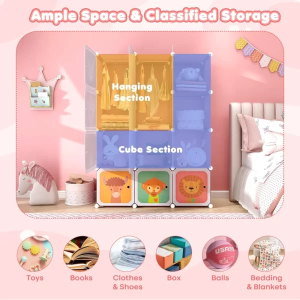Kids Closet,Cartoon Modular Dresser Storage Organizer with 12 Cubes&2 Clothes Hanging Rack,Portable Armoire for Baby Toddlers - Image 3