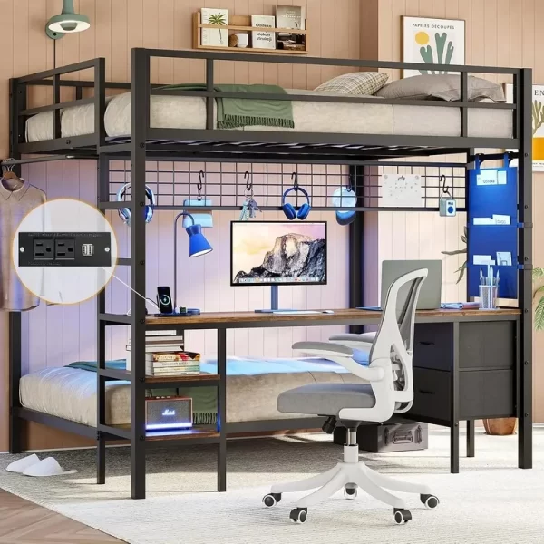 Bunk Bed with Desk, LED Lights, Charging Station, Storage Shelves, Drawers, Safety Guard, Ladder, Metal Frame, Full Over Twin - Image 8