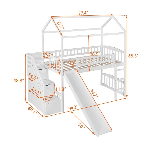 Twin Loft Bed with Two Drawers and Slide, House Bed with Slide, White - Image 6