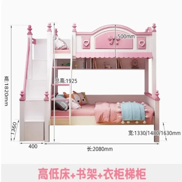 Girls Princess Double Bunk Bed - Two-Layer Slide Bunk Bed for Kids - Image 9