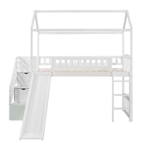 Twin Loft Bed with Two Drawers and Slide, House Bed with Slide, White - Image 4