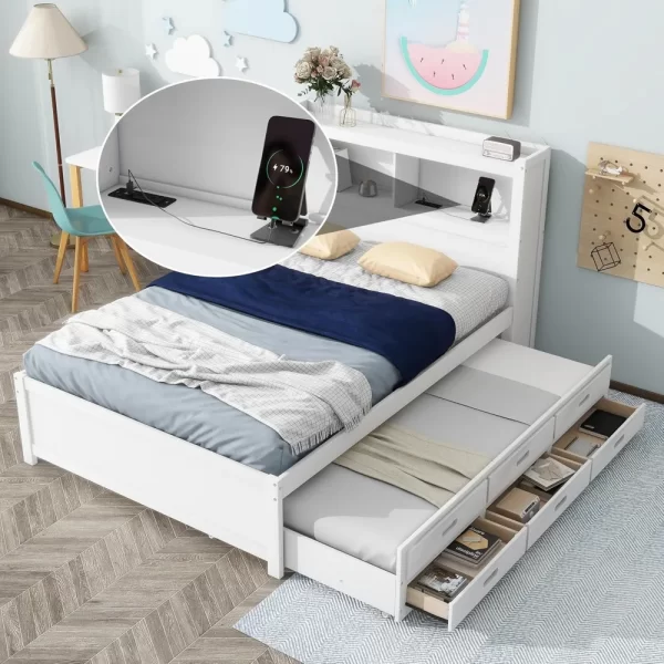 Harper & Bright Designs Full Size Platform Bed with Trundle, Drawers and Bookcase Headboard with USB Plugs, Hardwood Full Size B - Image 3
