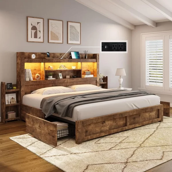King Size Bed Frame with 4 Storage Drawers,  with 49.6" Tall Bookcase Headboard, with Charging Station, LED Bed Frame - Image 7