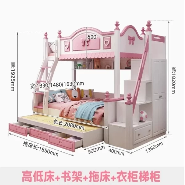 Girls Princess Double Bunk Bed - Two-Layer Slide Bunk Bed for Kids - Image 10