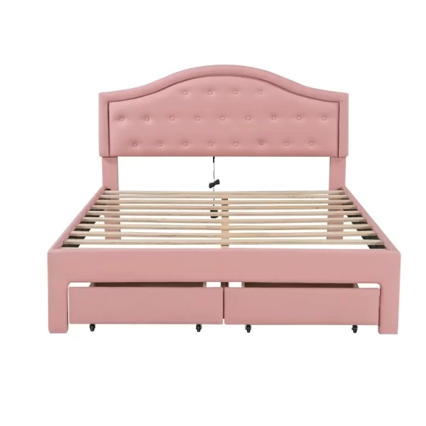 Queen Size Upholstered Platform Bed Frame with LED Lights, Modern Upholstered Princess Bed with Tufted Headboard and 2 Drawers - Image 6