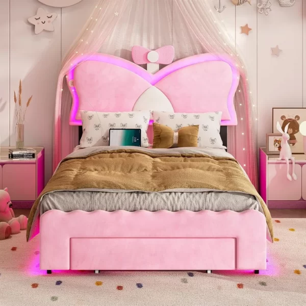 Twin Bed Frames with LED Lights and Storage Drawer, Upholstered Beds Frame Twin Size with Height Adjustable Butterfly Headboard - Image 3