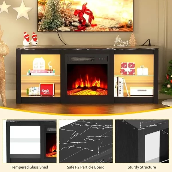 58" Fireplace TV Stand for 65" TV - Entertainment Center with LED Light and Glass Shelves - Image 4