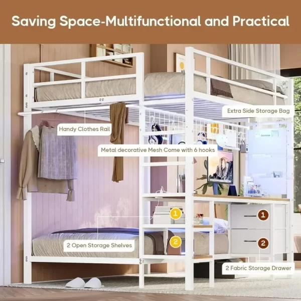 Bunk Bed with Desk, LED Lights, Charging Station, Storage Shelves, Drawers, Safety Guard, Ladder, Metal Frame, Full Over Twin - Image 5