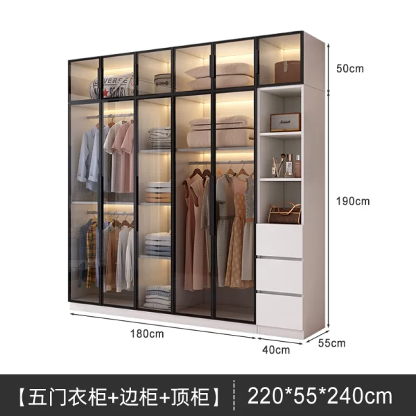 Solid wood large wardrobe household bedroom glass door cloakroom combination cabinet small apartment modern simple storage locke - Image 9