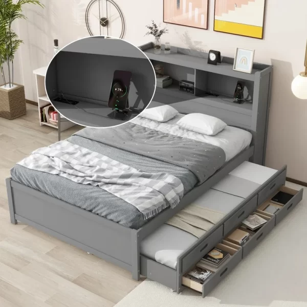 Gray Full Size Platform Bed with Trundle, Storage Drawers, and USB Charging Ports - Image 2