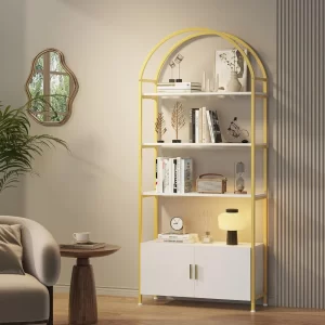 Arched Gold Bookshelf with Doors, 71" Tall Bookcase with Sturdy Metal Frame, Freestanding Display Shelving Unit