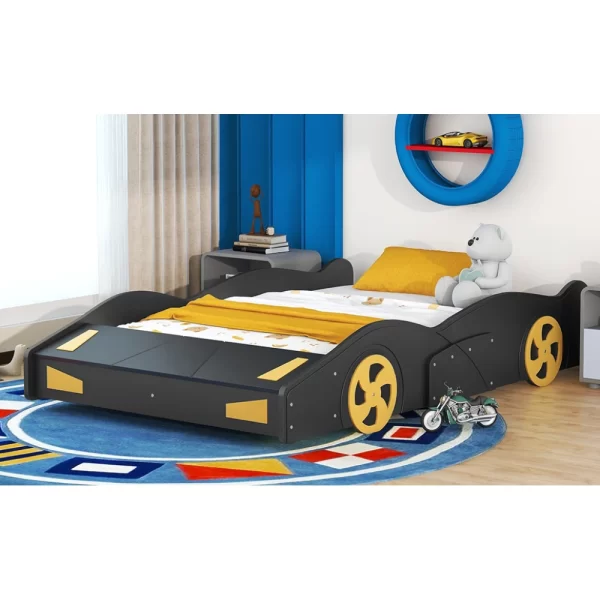 Full Size Race Car-Shaped Platform Bed with Wheels and Storage, Black+Yellow - Image 4